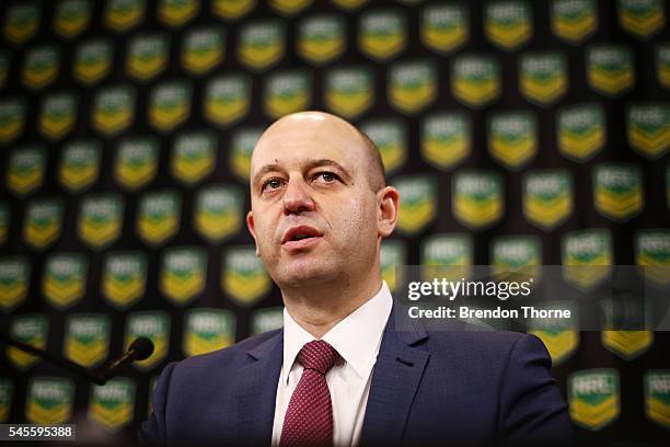 Todd Greenberg speaks to the media during an NRL press conference at the NRL Headquarters on July 9, 2016 in Sydney, Australia. The Parramatta Eels...