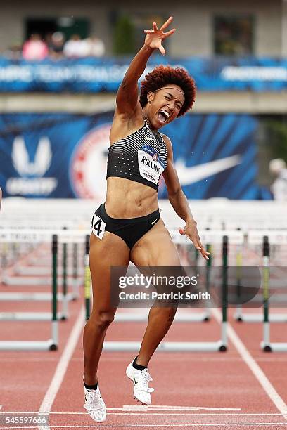 Brianna Rollins reacts after crossing the finishline to place first in the Women's 100 Meter Hurdles Final during the 2016 U.S. Olympic Track & Field...