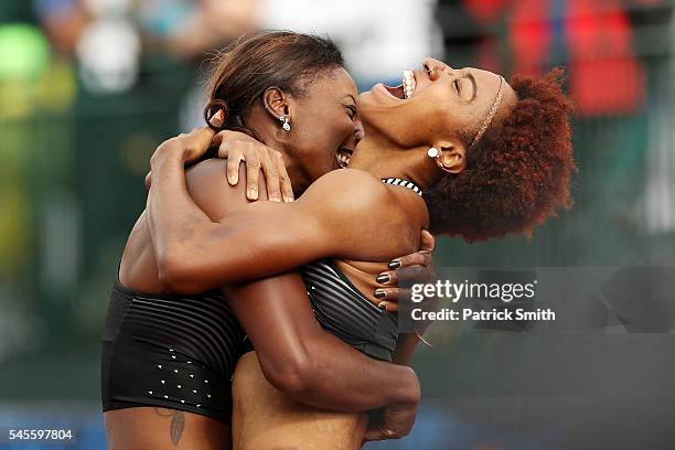 Brianna Rollins and Nia Ali celebrate after the Women's 100 Meter Hurdles Final during the 2016 U.S. Olympic Track & Field Team Trials at Hayward...