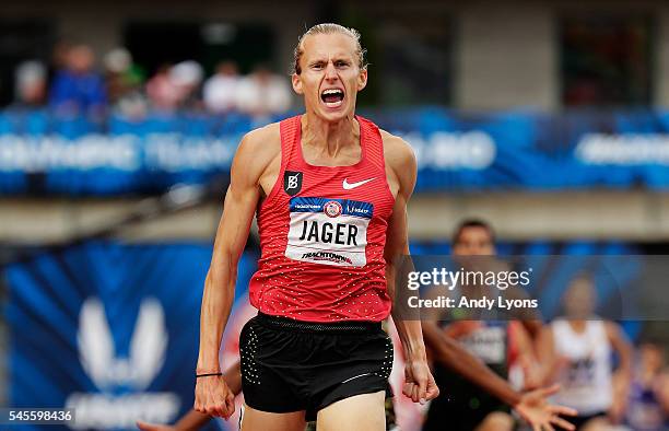 Evan Jager reacts as he crosses the finishline to place first in the Men's 3000 Meter Steeplechase Final during the 2016 U.S. Olympic Track & Field...