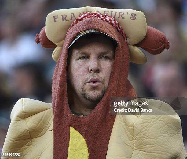 Man wears hot dog costume during a game between the Chicago White Sox and the Atlanta Braves in a interleague game on July 8, 2016 at U. S. Cellular...