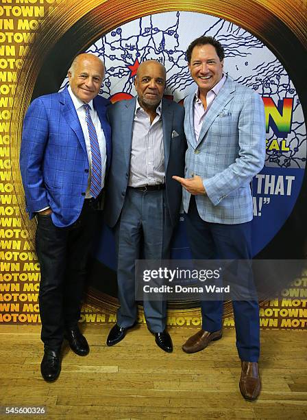 Doug Morris, Berry Gordy and Kevin McCollum appear during the "Motown The Musical" On Broadway Rehearsals at Chelsea Studios on July 8, 2016 in New...