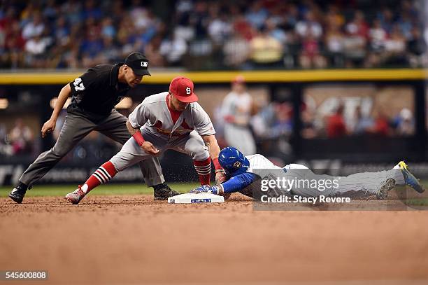 Jonathan Villar of the Milwaukee Brewers beats a tag by Kolten Wong of the St. Louis Cardinals during the fifth inning of a game at Miller Park on...