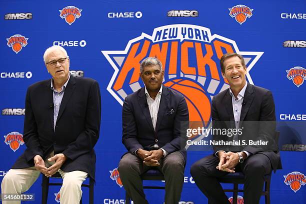 New York Knicks President Phil Jackson, General Manager Steve Mills, and Head Coach Jeff Hornacek during a press conference introducing the Knicks...