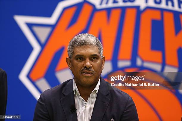 New York Knicks General Manager Steve Mills during a press conference introducing the Knicks new free agent signings at the Madison Square Garden...