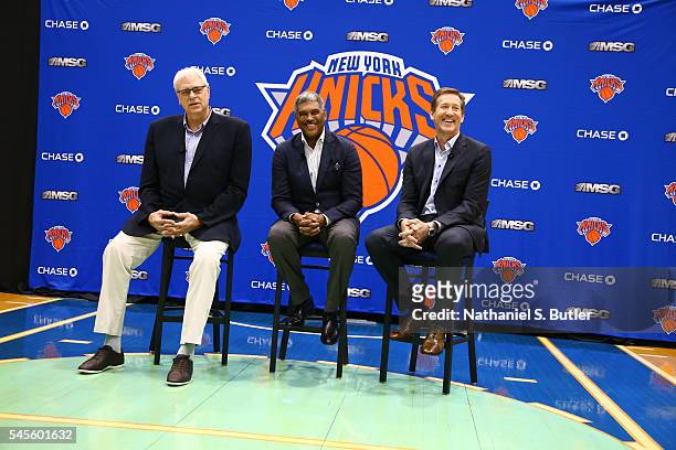 New York Knicks President Phil Jackson, General Manager Steve Mills, and Head Coach Jeff Hornacek during a press conference introducing the Knicks...