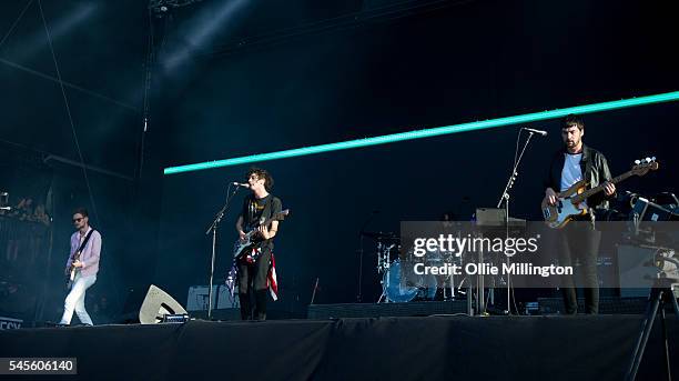 Adam Hann, George Daniel, Matthew Healy, and Ross MacDonald of The 1975 perform onstage during Day 1 of Wireless Festival 2016 at Finsbury Park on...