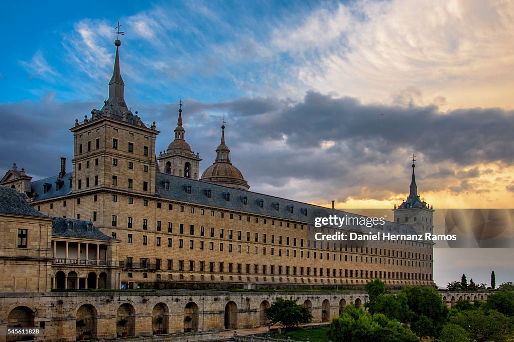 Dramatic light photo of the Monasterio de El Escorial, Blue hour. Madrid. Spain