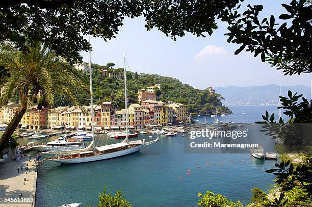 sailing boat in the port - portofino stock pictures, royalty-free photos & images