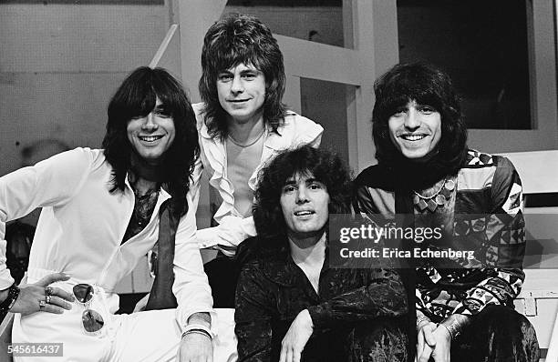 British band Arrows, Alan Merrill, Paul Varley, Jake Hooker and Terry Taylor, appearing on their TV show 'Arrows', Granada TV, Quay Street Studios,...