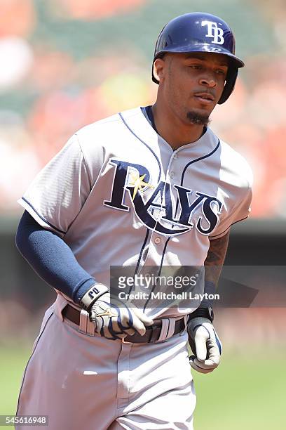 Desmond Jennings of the Tampa Bay Rays runs to third base during a baseball game against the Baltimore Orioles at Oriole Park at Camden Yards on June...