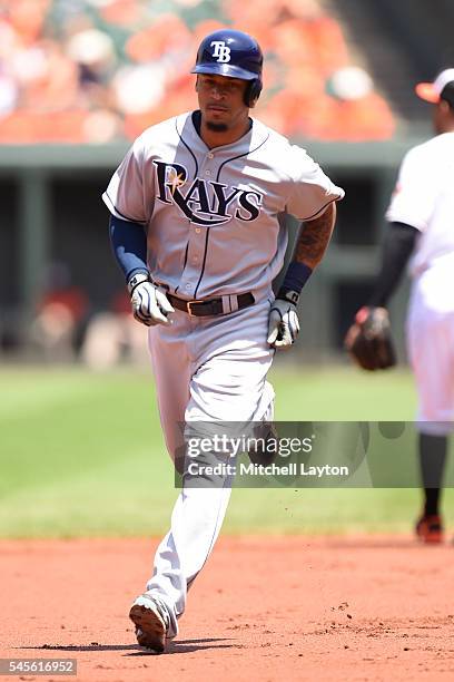 Desmond Jennings of the Tampa Bay Rays runs to third base during a baseball game against the Baltimore Orioles at Oriole Park at Camden Yards on June...