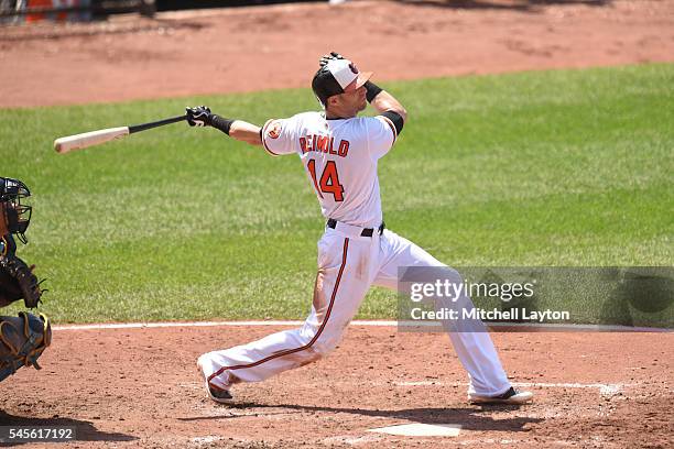 Nolan Reimold of the Baltimore Orioles takes a swing during a baseball game against the Tampa Bay Rays at Oriole Park at Camden Yards on June 26,...