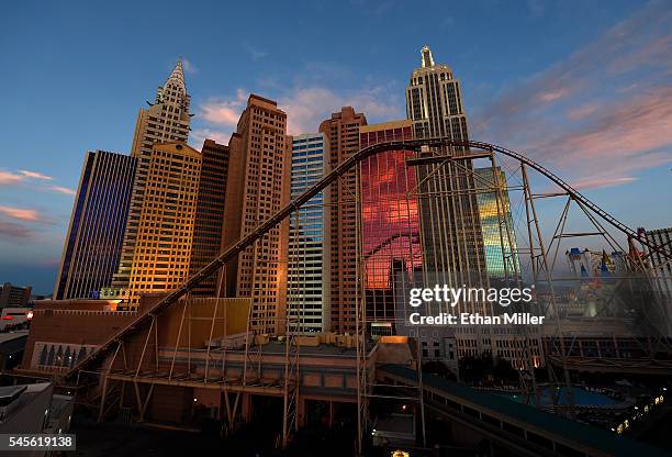 An exterior view shows the New York-New York Hotel & Casino and the resort's roller coaster on July 8, 2016 in Las Vegas, Nevada.