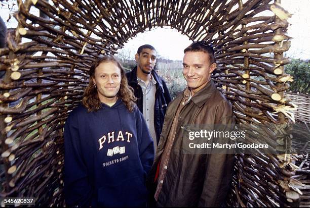 Group portrait of the Prodigy, L-R Keith Flint, Leeroy Thornhill and Liam Howlett, Essex, United Kingdom, 1994.