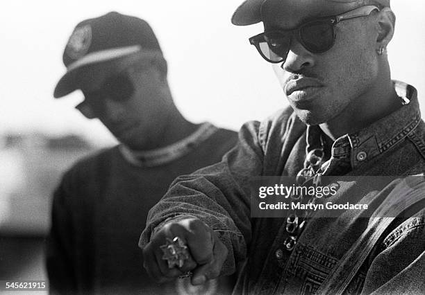 Hip hop duo Gang Starr, portrait, London, United Kingdom, 1990. MC Guru and DJ Premier.