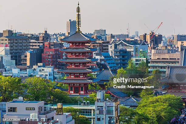 view of the town with pagoda of senso temple - asakusa senso temple stock pictures, royalty-free photos & images
