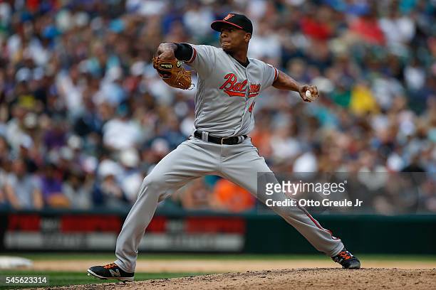 Relief pitcher Ariel Miranda of the Baltimore Orioles pitches against the Seattle Mariners at Safeco Field on July 3, 2016 in Seattle, Washington.