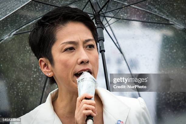 Renh Murata, a Japanese politician from Democratic Party of Japan delivers campaign speech to support her candidate Hiroyuki Konishi during the 2016...