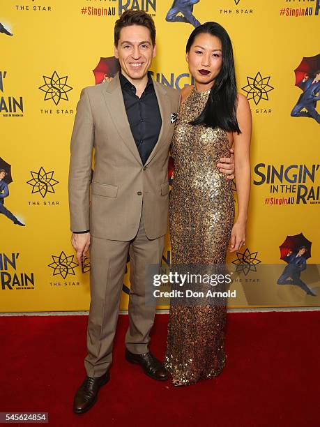 Michael Falzon and Jane Cho arrive for opening night of Singin' In The Rain at Lyric Theatre, Star City on July 9, 2016 in Sydney, Australia.