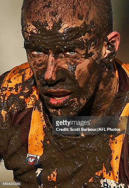 Sam Switkowski of Box Hill looks on covered in mud during the round 14 VFL match between Box Hill and Williamstown at Box Hill City Oval on July 9,...