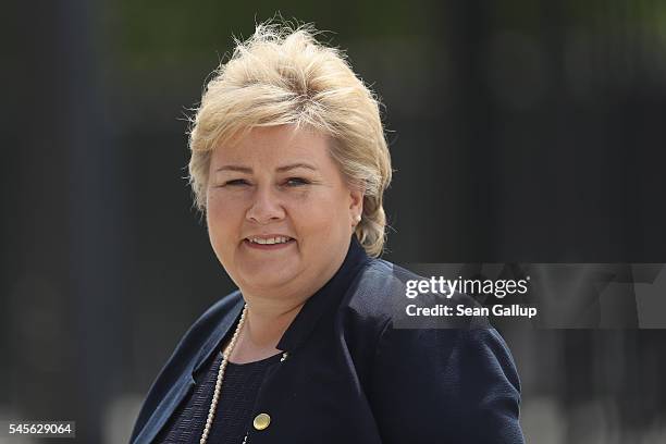 Norwegian Prime Minister Erna Solberg arrives for the Warsaw NATO Summit on July 8, 2016 in Warsaw, Poland. NATO member heads of state, foreign...