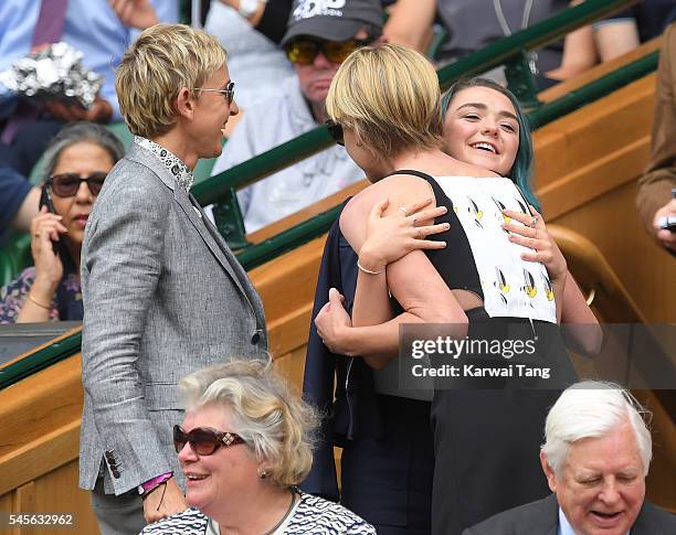 Ellen DeGeneres, Maisie Williams and Portia de Rossi attend the women's final of the Wimbledon Tennis Championships between Serena Williams and...
