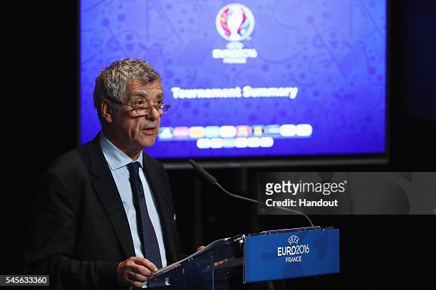 In this handout image provided by UEFA, UEFA Vice President Angel Maria Villar addresses the UEFA Euro 2016 closing press conference at Stade de...