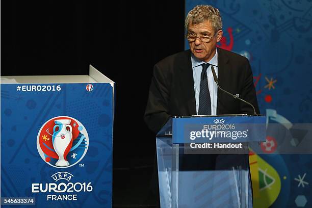 In this handout image provided by UEFA, UEFA Vice President Angel Maria Villar addresses the UEFA Euro 2016 closing press conference at Stade de...