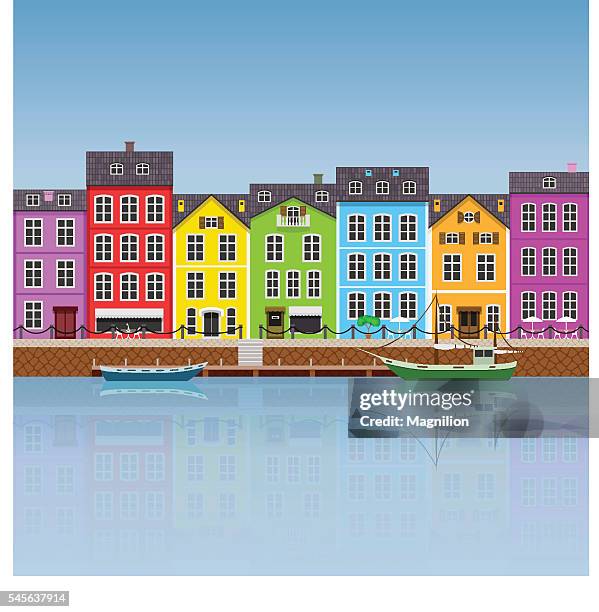 bildbanksillustrationer, clip art samt tecknat material och ikoner med colorful buildings - boat dock