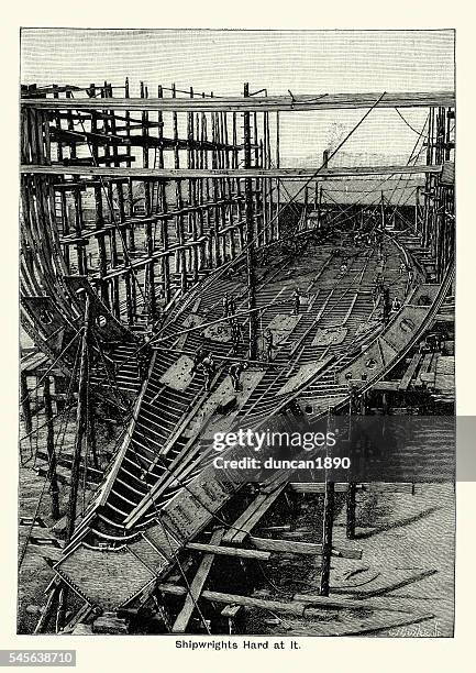 stockillustraties, clipart, cartoons en iconen met victorian shipyard shipwrights working on the keel - kielboot scheepsromp