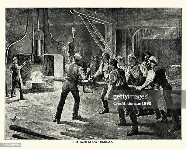 stockillustraties, clipart, cartoons en iconen met victorian steel mill workers using the steam hammer - factory worker black and white