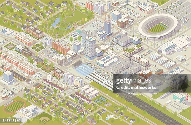 isometric city - kleinstadt stock-grafiken, -clipart, -cartoons und -symbole