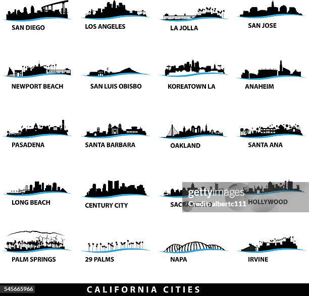 ilustraciones, imágenes clip art, dibujos animados e iconos de stock de diseños de paisaje urbano de california - beverly hills california