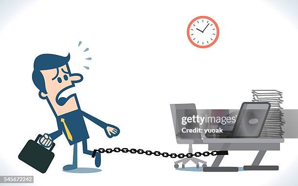businessman chained to the desk - man checking watch stock illustrations