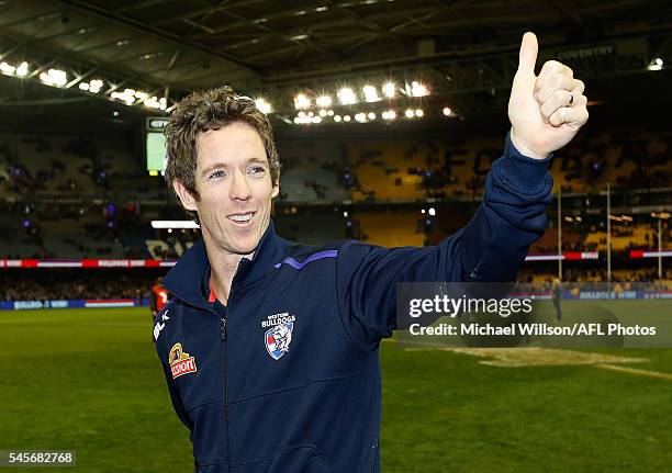 Robert Murphy of the Bulldogs give the thumbs up after the 2016 AFL Round 16 match between the Western Bulldogs and the Richmond Tigers at Etihad...