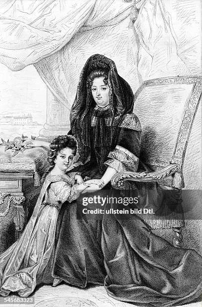 Francoise d' Aubigne, Marquise deMaintenonMätresse und nach dem Tod der KöniginMaria Theresia heimlich angetrauteGattin Ludwig XIV.und Anne Marie de...