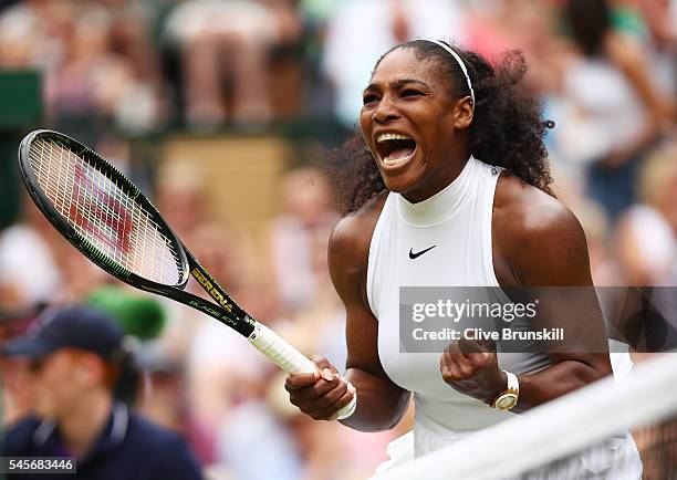 Serena Williams of The United States celebrates during The Ladies Singles Final against Angelique Kerber of Germany on day twelve of the Wimbledon...