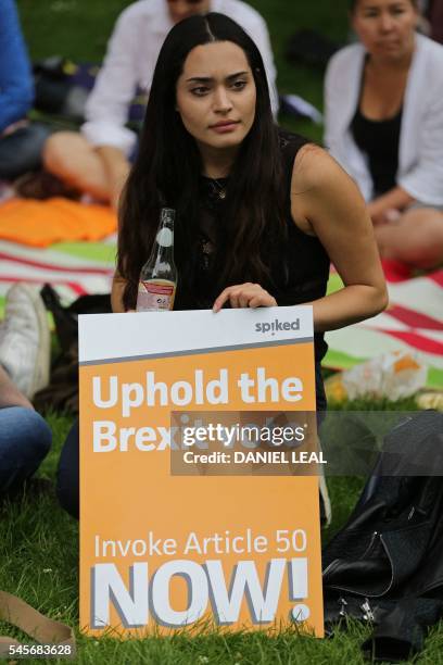 Woman sits with a pro-Brexit placard as a group of people set up a counter demonstration to a group taking part in a picnic against Brexit organised...