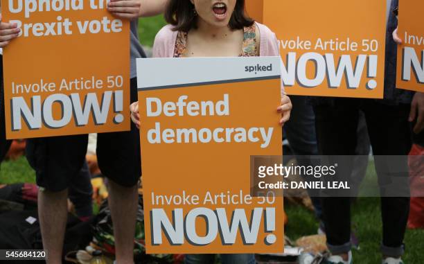 Woman holds a pro-Brexit placard as a group of people set up a counter demonstration to a group taking part in a picnic against Brexit organised by...