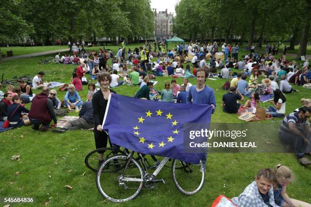 European Union supporters hold up a European Union flag during a picnic against Brexit organised by the General Assembly in Green Park in London on...