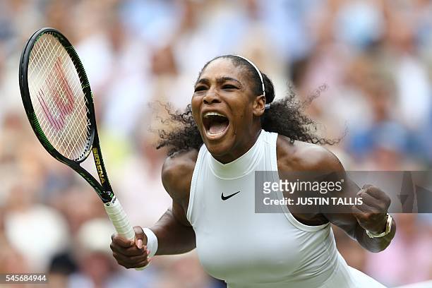 Player Serena Williams celebrates winning the first set against Germany's Angelique Kerber during the women's singles final on the thirteenth day of...