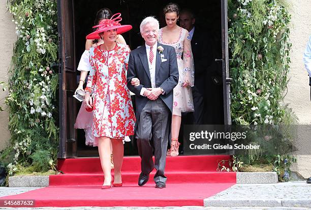 Albrecht Fuerst zu Oettingen-Spielberg and his wife Angela Fuerstin zu Oettingen-Spielberg, parents of the bridegroom during the wedding of...