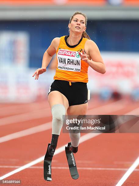 Marlou Van Rhijn of Netherlands celebrates victory in The 200m Women's T43/44 during Day Four of The European Athletics Championships at Olympic...