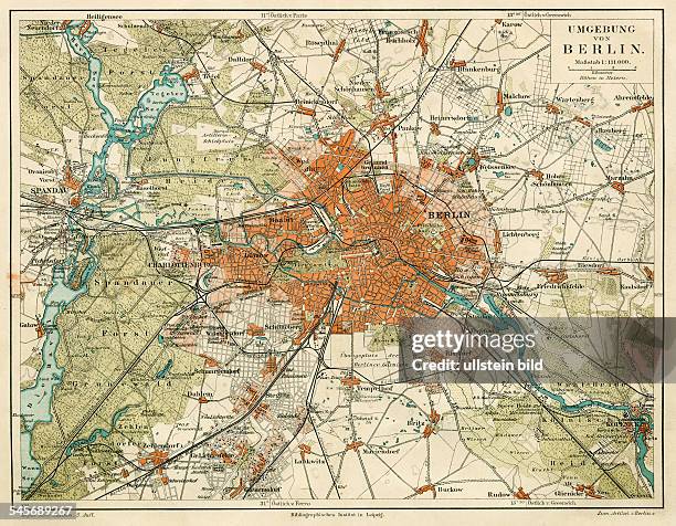 Topographische Karte Berlin und Umgebungum 1895Farbtafel aus Meyers Konv.-Lexikon , 5.Aufl. 1893-1901