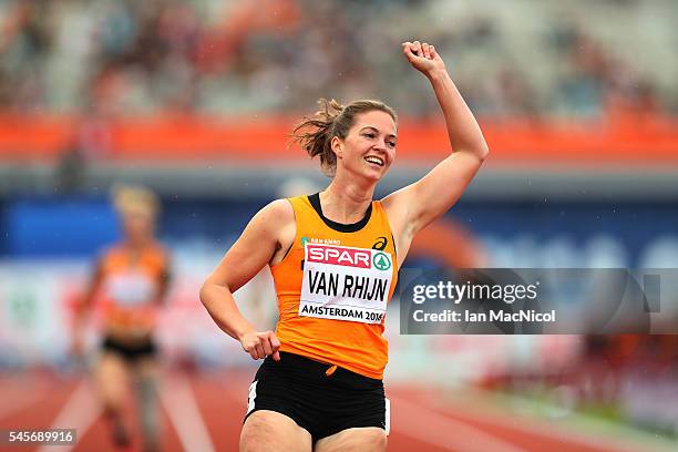 Marlou Van Rhijn of Netherlands celebrates victory in The 200m Women's T43/44 during Day Four of The European Athletics Championships at Olympic...