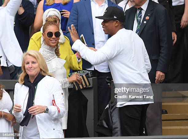 Beyonce and Jay Z attend the women's final of the Wimbledon Tennis Championships between Serena Williams and Angelique Kerber at Wimbledon on July...