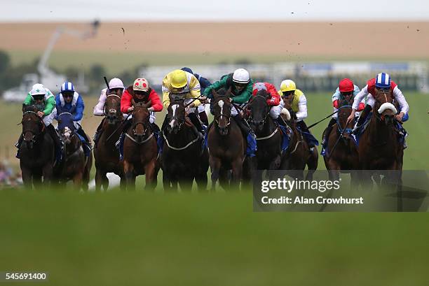 Harry Bentley riding Limato win The Darley July Cup at Newmarket Racecourse on July 9, 2016 in Newmarket, England.