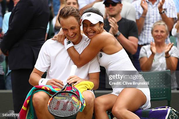 Heather Watson of Great Britain and Henri Kontinen of Finland celebrate victory during the Mixed Doubles Semi Finals match against Oliver Marach of...