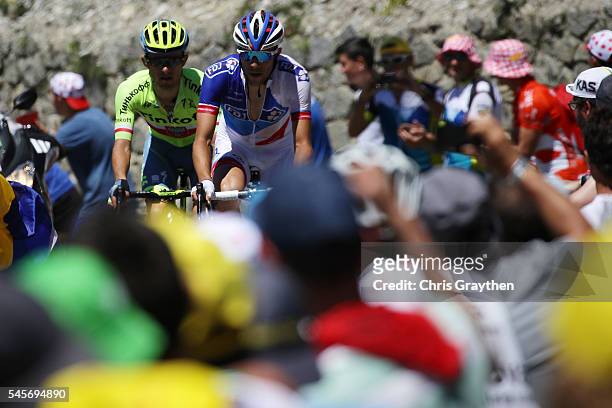 Rafal Majka of Poland riding for Tinkoff and Thibaut Pinot of France riding for FDJ ride in the breakaway up the Col du Tourmalet during stage eight...